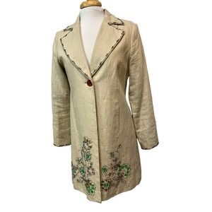 Pursuits, LTD Long Blazer Tan‎ Beaded Linen Notch Lapels One Button Lined SZ S